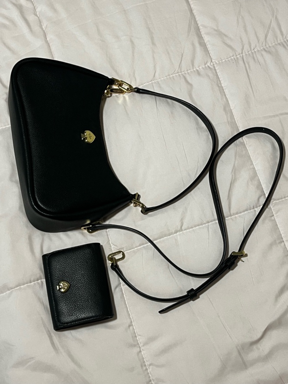 Kate Spade Kayla Black Leather Shoulder Bag with Matching Wallet - Gold Hardware